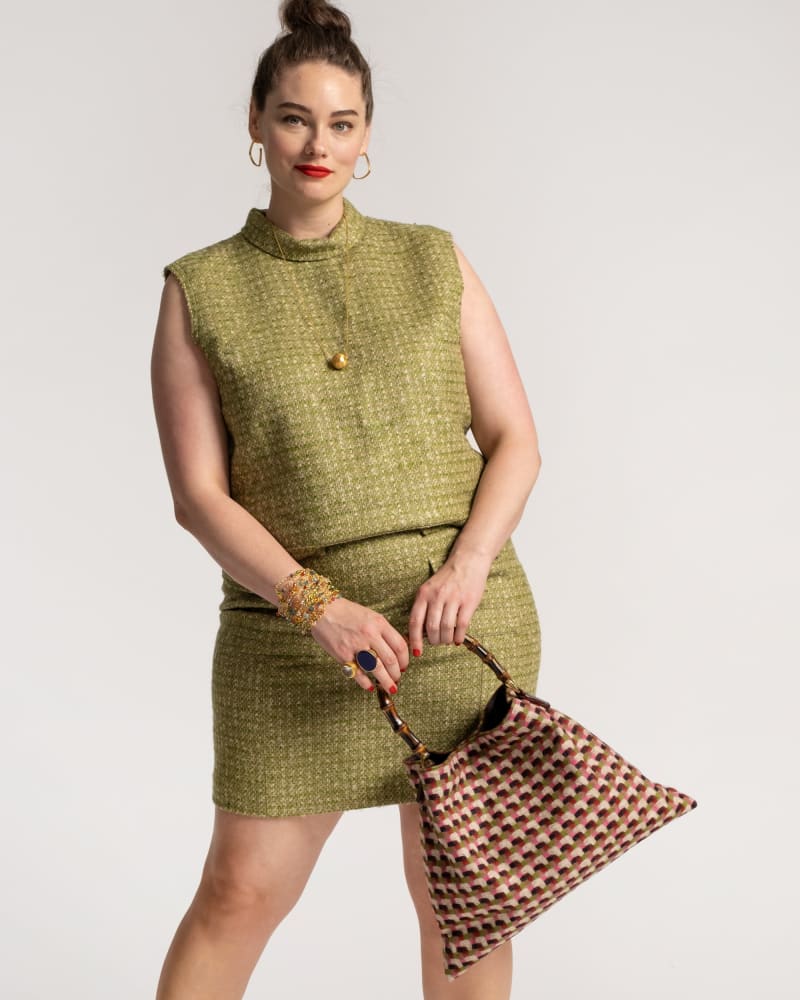 Front of a model wearing a size L Colette Top Basketweave Plaid Wool in Sienna by Frances Valentine. | dia_product_style_image_id:237282